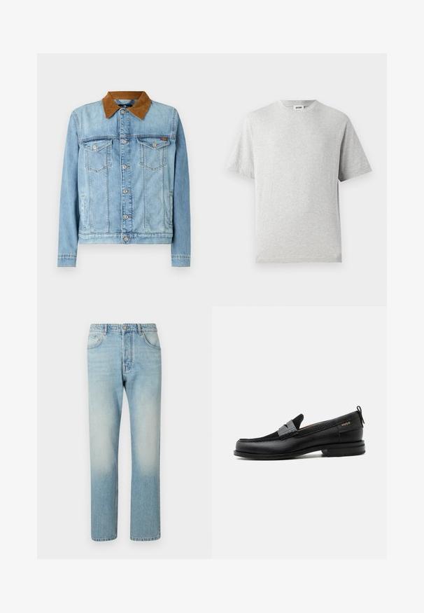 Lyseblå denimjakke med brunt fløjlskrage, to brystlommer, knaplukning og lange ærmer. Let falmet struktur.; Grå kortærmet t-shirt lavet af blødt stof. Har rund hals, afslappet pasform og ingen mønstre eller logoer. Glat tekstur hele vejen igennem.; Lyseblå jeans lavet af denim, med et lige ben-design, fem lomme-struktur og falmet vaskeffekt ved lårene.; Sort læderloafer med grå remdetalje, lav hæl og tekstureret sål, mærket med "HUGO" i guld på siden.