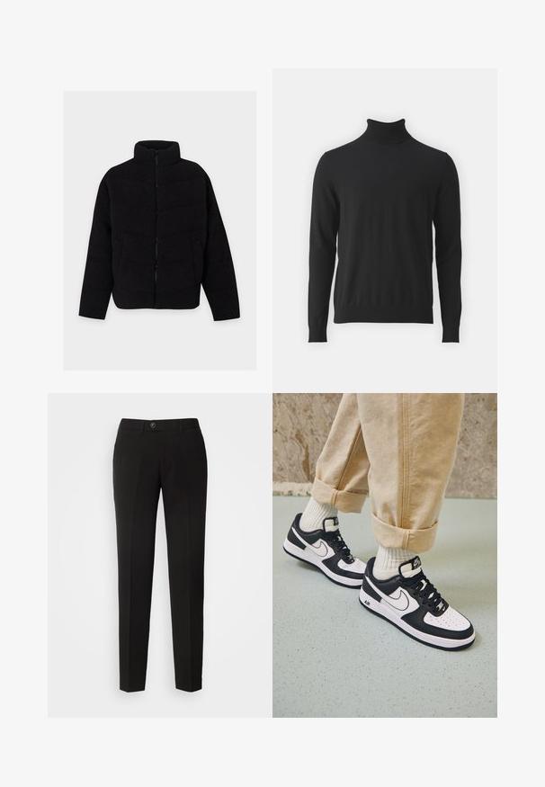 Veste polaire noire avec fermeture éclair frontale complète, col montant, manches longues et poches latérales, présentée sur un fond clair uni.; Pull en col roulé noir en tissu doux, doté de manches longues et d'un col côtelé, avec une texture lisse et une coupe ajustée.; Pantalons droits noirs en tissu lisse, dotés d'une fermeture à bouton et de poches latérales avec un design classique.; Baskets Nike Air Force 1 en noir et blanc avec un dessus en cuir, orteil perforé et détail de semelle texturée, portées avec un pantalon beige retroussé et des chaussettes blanches.
