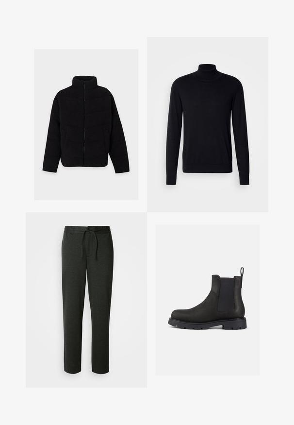 Veste polaire noire avec fermeture éclair frontale complète, col montant, manches longues et poches latérales, présentée sur un fond clair uni.; Pull à col montant noir en tissu doux. Doté de manches longues, d'un col et de poignets côtelés, avec une texture lisse et sans motifs.; Pantalons de jogging gris foncé en mélange de coton doux. Comprend une taille élastique avec cordon de serrage et des poches latérales. Design à jambes droites.; Bottines Chelsea en cuir noir avec des panneaux latéraux élastiques, une languette de traction et une semelle en caoutchouc texturée pour une bonne adhérence. Design épuré et finition discrète.