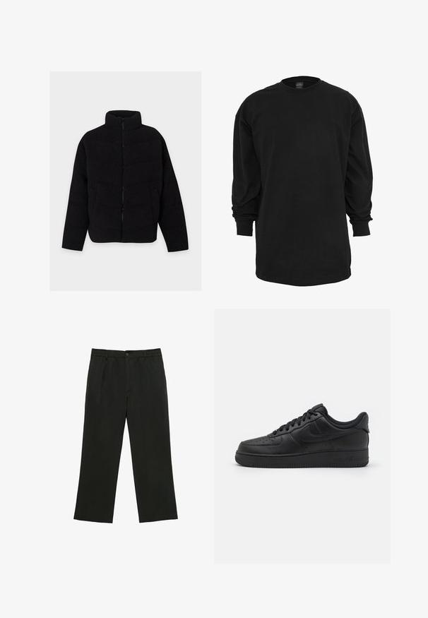 Veste polaire noire avec fermeture éclair frontale complète, col montant, manches longues et poches latérales, présentée sur un fond clair uni.; T-shirt noir à manches longues en coton. Doté d'un col rond et d'une coupe régulière. Textile lisse sans motifs ni accents visibles.; Pantalon noir à jambes droites avec passants pour ceinture, bouton à l'avant et fermeture éclair, posé à plat sur un fond blanc.; Nike Sportswear AIR FORCE 1 07 FLYEASE - Baskets basses - black