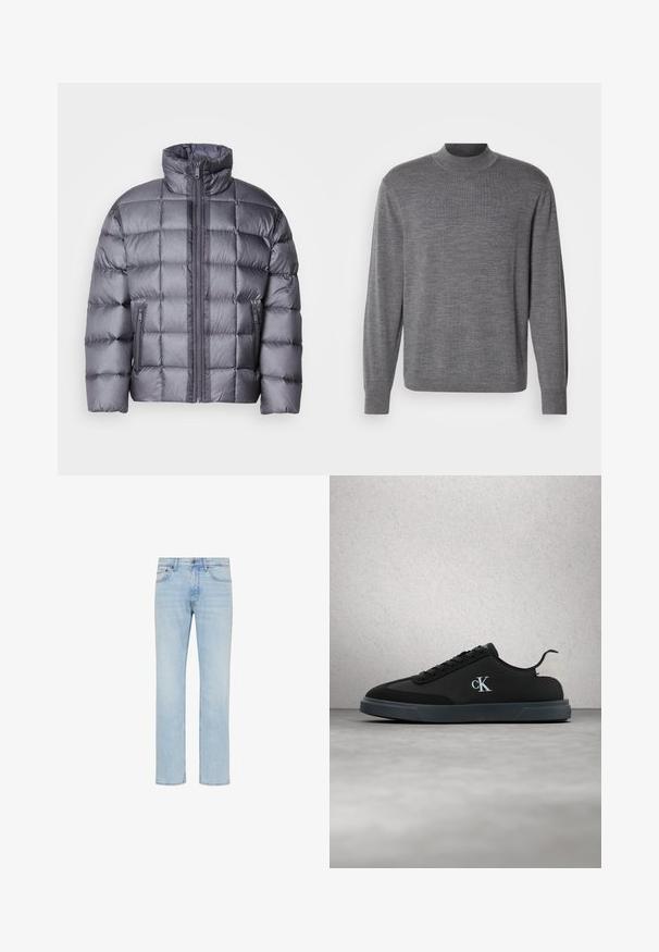 Grå dunjakke med høj krave og frontlynlås, der har to lynlåslommer i siden og et kviltet firkantet mønster.; Grå langærmet sweater lavet af strikket materiale, med en høj hals og et subtilt logo på brystet. Glat tekstur og tætsiddende design.; Lyseblå straight-leg jeans i denim med forreste knap, lynlås og design med fem lommer vist på hvid baggrund.; Sort lavtop Calvin Klein-sneaker med hvid "cK"-logo på siden og lys grå hælflig, vist svævende over reflekterende gråt gulv.