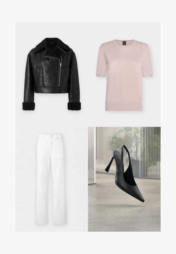 Sort cropped jakke i kunstlæder med shearling krave og manchetter, skrå lynlås foran og to skrå sidelommer.; Lyserød kortærmet striktrøje med rund hals, ribkanter ved ærmer og kant, samt et lille broderet logo nær nederste kant.; Højtaljede hvide denimjeans med lige ben, bæltestropper, knap foran, lynlås og lommer foran og bagpå på en lys baggrund.; Sort læder slingback stilet hælsko med spids tå, svævende over en glat beton gulv og vertikal metal panel baggrund.