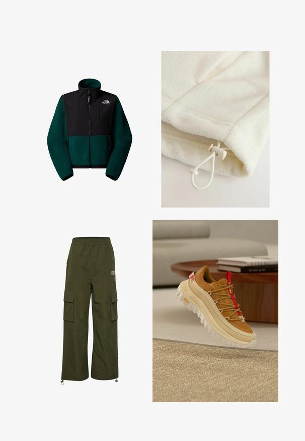 Fleecejakke med en mørkegrøn og sort farveskema, høj krave, frontlynlås og sidelommer med lynlås. Har tekstureret stof og logo-detalje.; Fleece-tøj i off-white med en blød tekstur, der har en toggle og snor til justering nederst.; TheJoggConcept JCFIA - Cargobukser - rifle green; Brun og beige vandresko med rød tunge trækkesnor, tyk hvid sål og snørebånd i rebstil, svævende over et vævet beige tæppe indendørs.