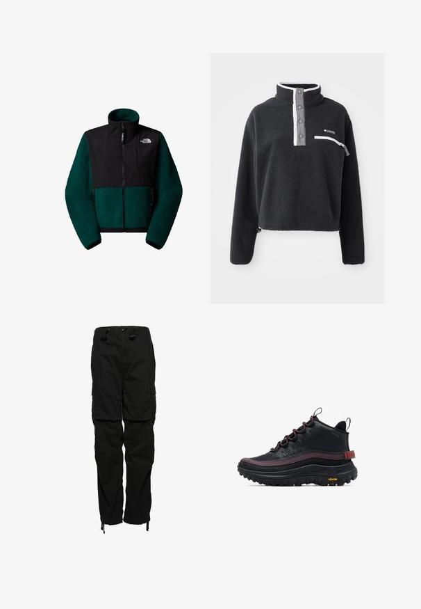 Fleecejakke med en mørkegrøn og sort farveskema, høj krave, frontlynlås og sidelommer med lynlås. Har tekstureret stof og logo-detalje.; Sort fleece pullover med halv lynlås krave, der har en brystlomme og kontrasterende hvide og grå detaljer. Blød tekstur, cropped design.; Superdry & Co PARACHUTE GRIP - Cargobukser - black; Sort højtop vandrestøvle med rød syning, mønstrede snørebånd, robust Vibram-sål og mærket hæl-etiket.