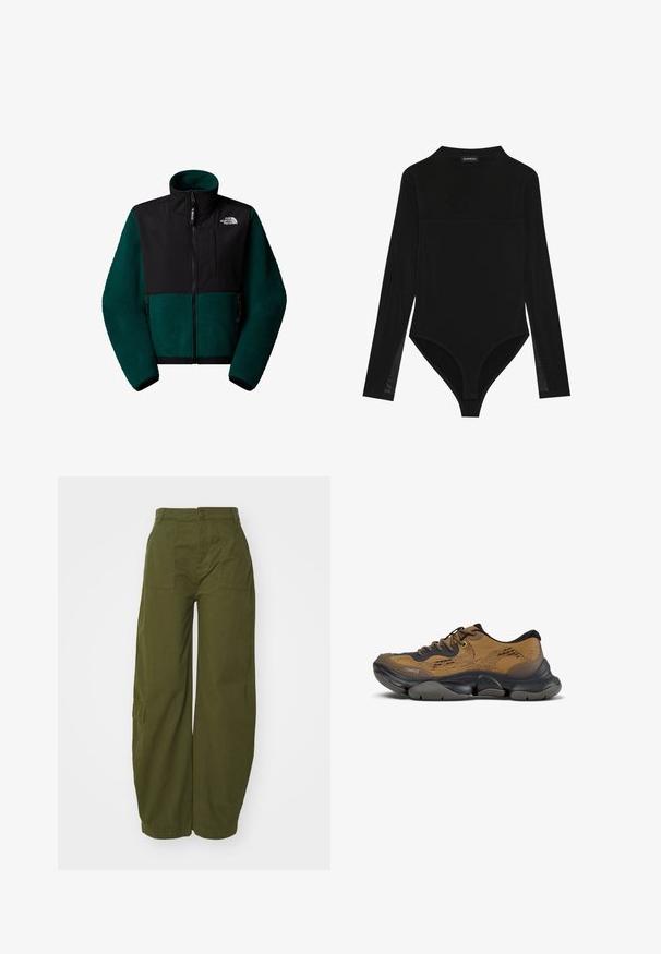 Fleece takki tumman vihreällä ja mustalla värimaailmalla, korkea kaulus, etuvetoketju ja sivuvetoketjulliset taskut. Piirteet sisältävät tekstuuripintaa ja logoyksityiskohtia.; Musta pitkähiha bodysuit, joka on valmistettu sileästä kankaasta. Siinä on korkea kaulus ja tiukka alaosa, jossa on stringiohjus. Rakenteelliset verkkohihoja.; Olivinvihreät cargo-housut, jotka on valmistettu puuvillasta, laajapohjaisella muotoilulla, etutaskuilla ja napilla vyötäröllä.; Paksu ruskea-musta lenkkari, jossa on teksturoitu neulottu päällinen, paksu ja osioitu pohja, mustat nauhat ja Camperin logo sivussa.