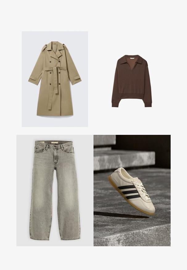 Trench-coat beige longueur genou avec boutons croisés, ceinture, épaulettes et brides aux poignets, posé à plat sur fond blanc.; Pull marron avec un col en V et un col, présentant des manches longues et une coupe décontractée. Fabriqué en tissu doux avec une texture lisse.; Jean large en denim gris clair. Il présente un style traditionnel à cinq poches et un léger délavage sur l'ensemble du tissu.; Baskets blanches avec des bandes noires et une semelle en gomme flottant au-dessus d’escaliers en béton dans une lumière douce du jour.