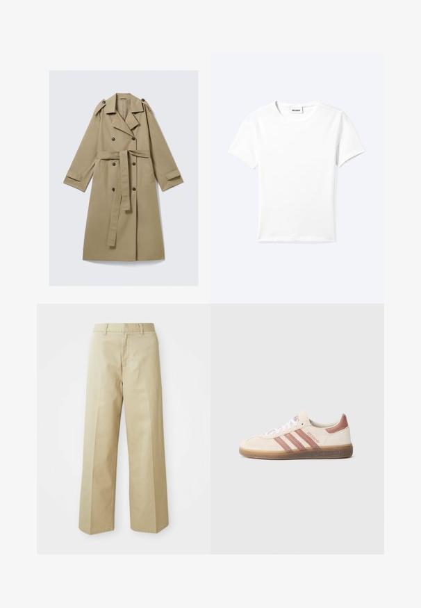 Trench-coat beige longueur genou avec boutons croisés, ceinture, épaulettes et brides aux poignets, posé à plat sur fond blanc.; T-shirt blanc uni à manches courtes et col rond avec une petite étiquette "WEEKDAY" à l'intérieur de l'encolure, présenté à plat sur un fond clair.; Pantalons beige à jambes larges en coton avec une texture lisse. Présentent une coupe droite, des passants de ceinture et des poches avant.; Baskets en daim beige avec des accents roses, trois bandes roses, des lacets blancs et une semelle en gomme transparente. Marque "Spezial" sur le côté.