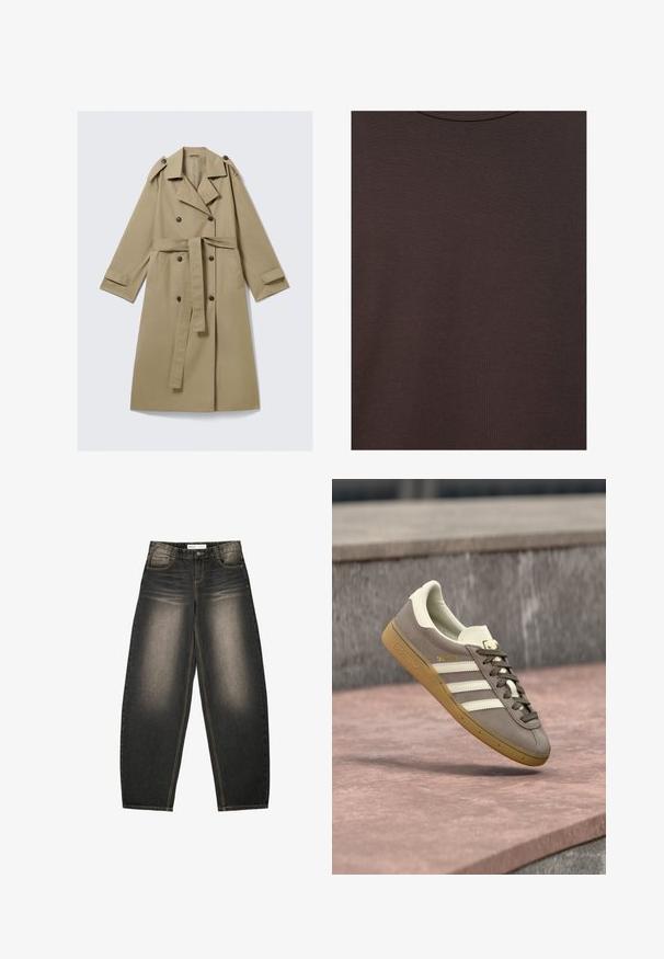 Trench-coat beige longueur genou avec boutons croisés, ceinture, épaulettes et brides aux poignets, posé à plat sur fond blanc.; T-shirt col rond marron foncé en tissu tricoté doux avec une fine texture côtelée.; Jean noir délavé à jambes larges avec poches avant, fermeture par boutons et détails de surpiqûres visibles sur fond blanc.; Baskets Adidas en suède marron clair avec des rayures blanches et une semelle gomme, suspendues au-dessus de marches en pierre rose en plein air.