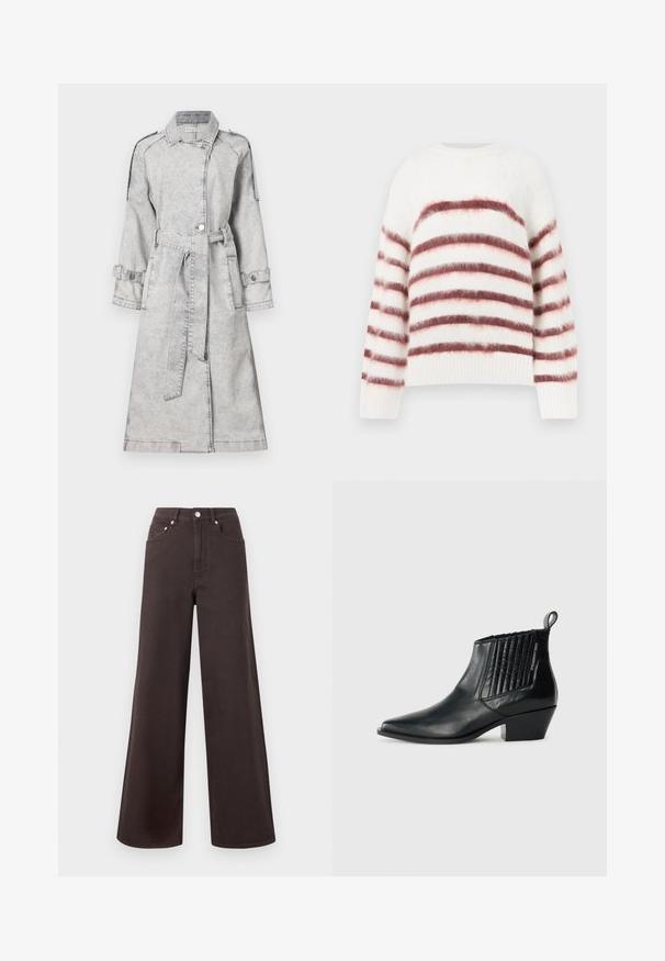 Manteau trench en denim gris avec une taille ceinturée, des manches longues et des détails de boutons. Il présente un col classique et des épaulettes décoratives.; Pull blanc avec des rayures horizontales rouges et roses, fabriqué à partir d'un matériau doux et texturé. Il présente un col rond et des poignets côtelés.; Jean noir taille haute à jambes larges avec cinq poches et fermeture par boutons, présenté sur un fond gris clair uni.; Bottine en cuir noir avec un bout pointu, panneau latéral matelassé et un talon bloc bas. Marquage discret sur le côté.