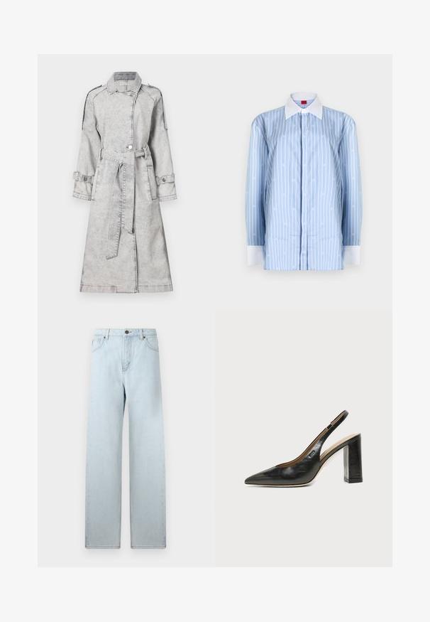 Manteau trench en denim gris avec une taille ceinturée, des manches longues et des détails de boutons. Il présente un col classique et des épaulettes décoratives.; Chemise bleu clair à manches longues avec rayures verticales blanches et motifs de logo subtils. Col classique et accents de poignet blanc.; Jean large bleu clair avec taille haute, poches avant et fermeture à bouton. Texture en denim lisse, décoloration minimale, design de jambe droite.; Chaussure slingback en cuir noir à bout pointu avec un talon bloc haut et une doublure intérieure beige sur un fond clair uni.