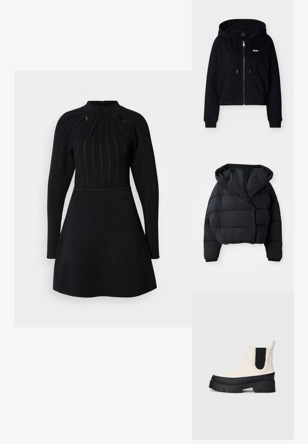 Sort pufferjakke med cropped design, der har hætte, quiltet tekstur og elastiske manchetter. Minimalistisk stil og letvægtsmateriale.; Sort hættetrøje med lynlås foran, forlommer, justerbar snøre i hætten, ribkanter ved ærmerne og lille hvid "BOSS"-logo på brystet.; Sort kjole med en tætsiddende bodice med lodrette striber, høj neckline, lange ærmer og en meget vidde skørt. Ensartet tekstur, minimal detaljering.; Kraftige platform ankelstøvler med en hvid overdel, sort gummisål og kontrasterende sorte elastiske sidestykker. Faux fur kant øverst.