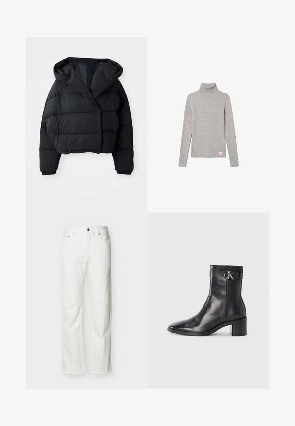 Zwarte gewatteerde jas met een cropped ontwerp, voorzien van een capuchon, een gewatteerde textuur en elastische cuffs. Minimalistische stijl en lichtgewicht materiaal.; Lichtgrijze geribde coltrui met lange mouwen en een klein rood-wit CK-logo bij de onderzoom.; Witte jeans met rechte pijpen, voorzakken, riemlussen, knoopsluiting en zichtbare stiksels tegen een effen achtergrond.; Zwarte leren enkellaars met een spitse neus, blokhak en een bandje met een metallic logo. Gladde textuur en minimalistisch ontwerp.