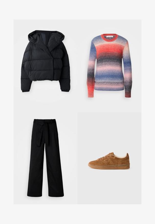 Chaqueta acolchada negra con un diseño corto, que presenta una capucha, textura acolchada y puños elásticos. Estilo minimalista y material ligero.; Lacoste Jersey de punto - multicolore; Pantalones de pierna ancha negros con cintura ceñida, que presentan un diseño limpio y una textura suave, fabricados con un tejido duradero.; Zapatilla de gamuza marrón con diseño de corte bajo, que presenta un interior en contraste color blanco hueso y una suela de goma color caramelo. Pequeño logotipo de la marca en el lateral.