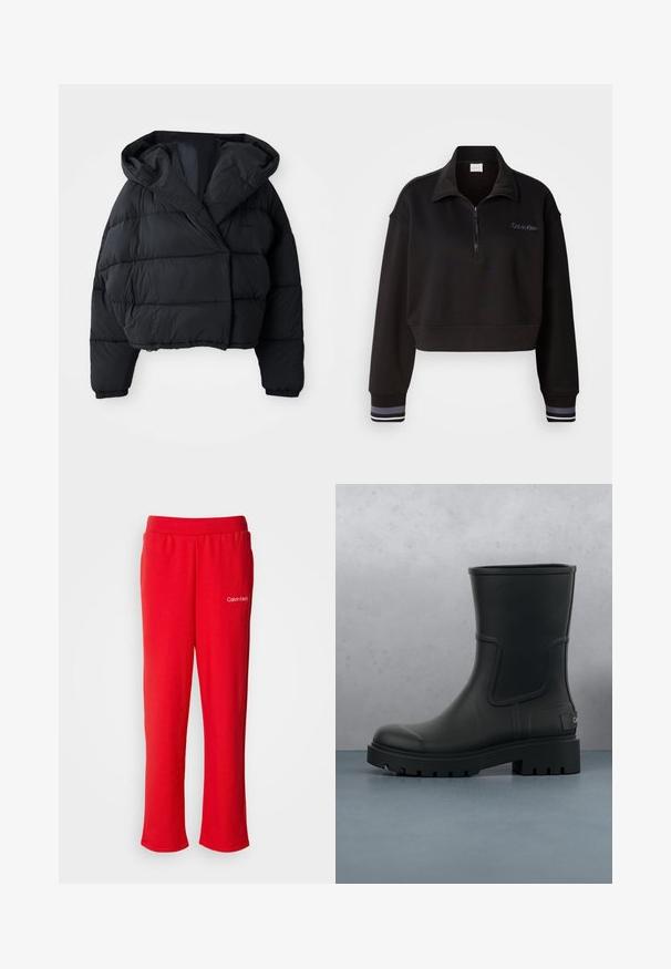 Sort pufferjakke med cropped design, der har hætte, quiltet tekstur og elastiske manchetter. Minimalistisk stil og letvægtsmateriale.; Sort cropped sweatshirt med en lynlåslukning og høj krave, der har Calvin Klein-branding og stribede manchetter i hvid og grå. Lavet af blødt materiale.; Røde bomulds-sweatpants med elastisk talje og afslappet pasform. Har et lille hvidt "Calvin Klein" logo nederst til venstre.; Sort mat læder ankelstøvle med tyk klodset sål, svævende over træfliser og små grå sten udendørs.