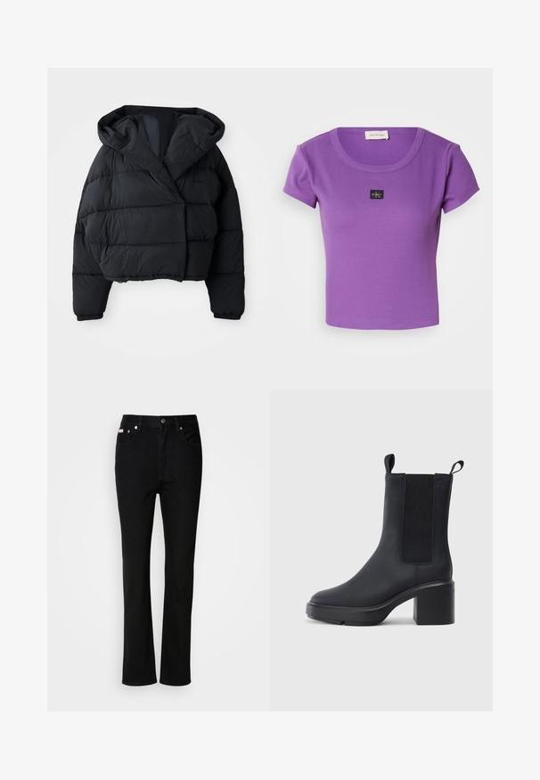 Zwarte gewatteerde jas met een cropped ontwerp, voorzien van een capuchon, een gewatteerde textuur en elastische cuffs. Minimalistische stijl en lichtgewicht materiaal.; Paarse geribbelde t-shirt met korte mouwen, voorzien van een ronde halslijn en een klein zwart Calvin Klein-logo op de borst. Zachte textuur.; Zwarte straight-leg jeans met knoop en rits aan de voorkant, ceintuurlussen en vijf-pocket styling.; Zwarte enkellaars met een gladde rubberen materiaal, elastische zijkanten, blokhak en instaplipjes aan de bovenkant voor makkelijk aan- en uittrekken.