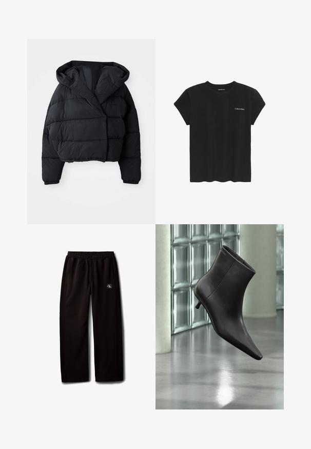 Sort pufferjakke med cropped design, der har hætte, quiltet tekstur og elastiske manchetter. Minimalistisk stil og letvægtsmateriale.; Sort Calvin Klein t-shirt med korte ærmer, rund halsudskæring og "Calvin Klein" logo i lille hvid tekst på venstre bryst.; Sorte vidde bukser med elastisk taljebånd og sidelommer, med en lille Calvin Klein-logo patch på højre lår.; Sort læderankelstøvle med spids tå og lille hæl vist mod en væg af glasblokke og poleret gulv baggrund.