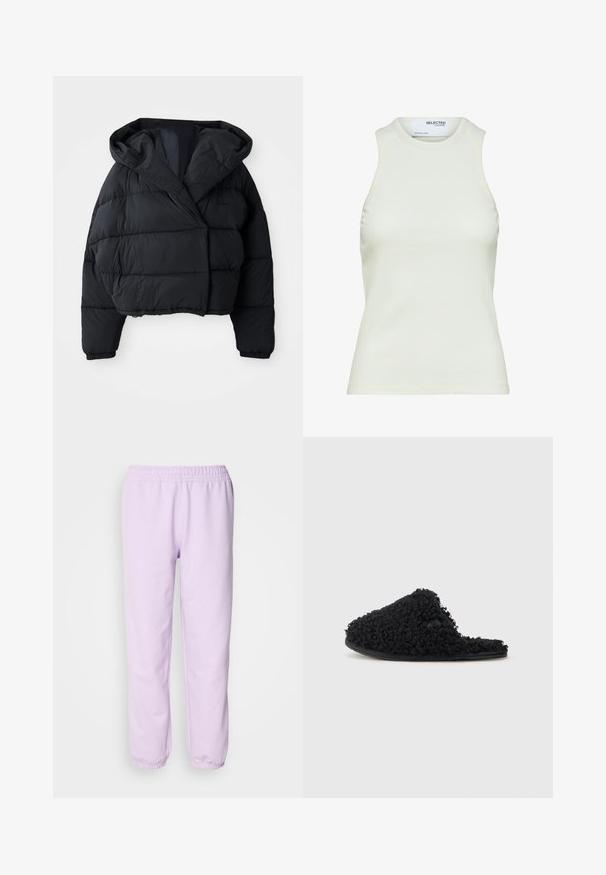Chaqueta acolchada negra con un diseño corto, que presenta una capucha, textura acolchada y puños elásticos. Estilo minimalista y material ligero.; Camiseta sin mangas blanca acanalada con escote redondo de Selected Femme, mostrando vista frontal sin patrones ni decoraciones.; Pantalones de chándal morados claros hechos de tela suave, con cintura elástica y puños elásticos en los tobillos. Diseño simple, sin patrones.; Calzado tipo pantuflas negras hecho de tela texturizada con un exterior suave, punta abierta y suela de goma plana. Diseño simple y minimalista.