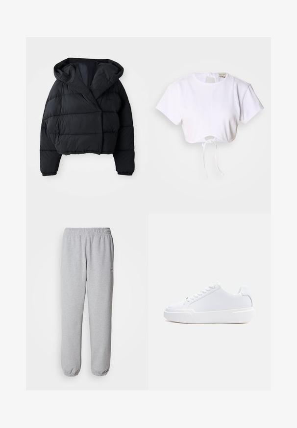 Sort pufferjakke med cropped design, der har hætte, quiltet tekstur og elastiske manchetter. Minimalistisk stil og letvægtsmateriale.; Hvid cropped t-shirt lavet af glat stof. Den har en rund halsudskæring, korte ærmer og en justerbar snoretræk i bunden.; Grå sweatpants lavet af blødt, tekstureret stof. Elastisk talje og manchetter, med et lille logo på venstre side.; Hvid lavtop-sneaker med snørelukning, tyk sål og glat overdel, vist fra ydersiden mod en ensartet lys baggrund.