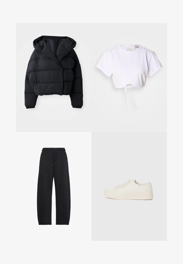 Sort pufferjakke med cropped design, der har hætte, quiltet tekstur og elastiske manchetter. Minimalistisk stil og letvægtsmateriale.; Hvid cropped t-shirt lavet af glat stof. Den har en rund halsudskæring, korte ærmer og en justerbar snoretræk i bunden.; Sorte løstsiddende sweatpants med elastisk taljebånd og snøre, designet til afslappet eller atletisk brug.; Sneakers lavet af off-white canvas, med et low-top design, rund tå og flad gummisål med diskrete syninger.