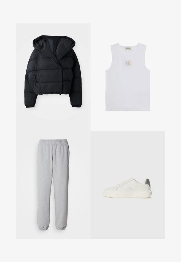 Sort pufferjakke med cropped design, der har hætte, quiltet tekstur og elastiske manchetter. Minimalistisk stil og letvægtsmateriale.; Hvid ærmeløs tanktop med Calvin Klein Jeans-label på brystet og en label nær halsudskæringen på en ensfarvet hvid baggrund.; Grå sweatpants lavet af blødt, tekstureret stof. Elastisk talje og manchetter, med et lille logo på venstre side.; Hvide sneakers lavet af læder med en glat tekstur, forsynet med en sølvaccent på hælen, flad sål og minimalistisk design.