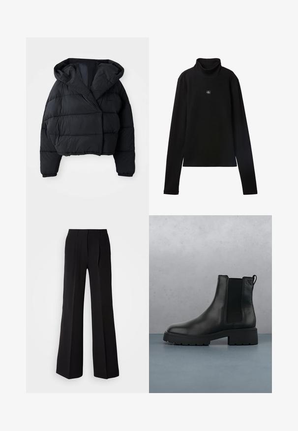 Sort pufferjakke med cropped design, der har hætte, quiltet tekstur og elastiske manchetter. Minimalistisk stil og letvægtsmateriale.; Sort ribstrikket bluse med lange ærmer og lille firkantet Calvin Klein-logo placeret centralt på brystet.; Sorte bukser lavet af glat stof, med høj talje, bred ben silhuet og to frontfolder for ekstra design detaljer.; Sort læder Chelsea-boot med elastiske sidepaneler, tekstureret finish og en robust sål, placeret over brune træfliser med småsten.