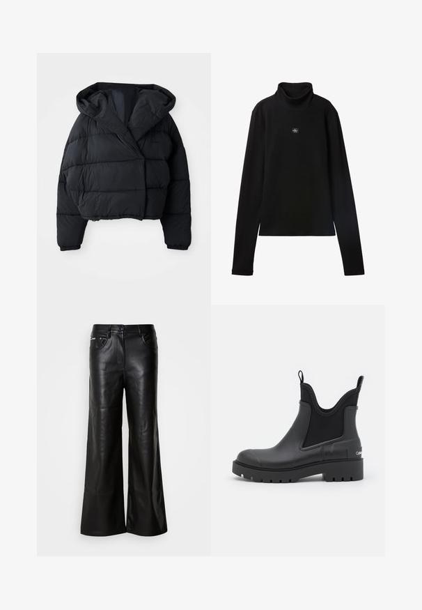 Zwarte gewatteerde jas met een cropped ontwerp, voorzien van een capuchon, een gewatteerde textuur en elastische cuffs. Minimalistische stijl en lichtgewicht materiaal.; Zwarte geribde coltrui met lange mouwen en een klein vierkant Calvin Klein-logo midden op de borst.; Zwarte leren broek met een brede pijp en een zachte textuur, voorzien van een sluiting met een knoop aan de voorkant, twee zijzakken en minimale stikseldetails.; Zwarte enkelboot van rubber met een matte afwerking, elastische zijpanelen, een trekhaak en een chunky profielzool. Heeft een logo op de hiel.