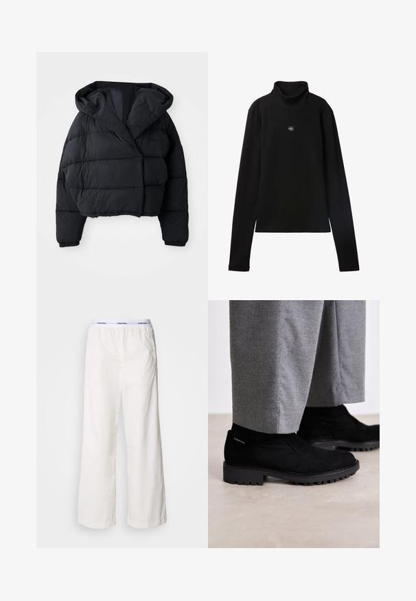 Sort pufferjakke med cropped design, der har hætte, quiltet tekstur og elastiske manchetter. Minimalistisk stil og letvægtsmateriale.; Sort ribstrikket bluse med lange ærmer og lille firkantet Calvin Klein-logo placeret centralt på brystet.; Hvide brede bukser med elastisk talje og et kontrasterende Calvin Klein-logo. Fremstillet af glat stof, giver de en afslappet pasform.; Sorte suede ankelstøvler med gummisål, der har et elastisk sidepanel og et logo akcent på hælen. Parret med grå bukser.