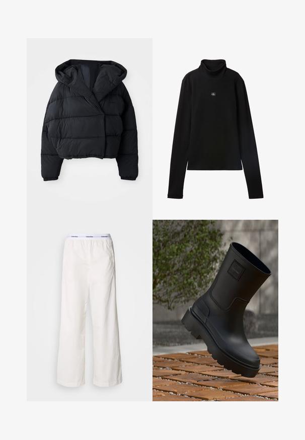 Zwarte gewatteerde jas met een cropped ontwerp, voorzien van een capuchon, een gewatteerde textuur en elastische cuffs. Minimalistische stijl en lichtgewicht materiaal.; Zwarte geribde coltrui met lange mouwen en een klein vierkant Calvin Klein-logo midden op de borst.; Witte wijde broek met een elastische tailleband met een contrasterend Calvin Klein-logo. Gemaakt van gladde stof, bieden ze een ontspannen fit.; Zwarte Calvin Klein-laars met dikke zool zwevend boven houten latten en kleine witte kiezelstenen buiten vlak bij groene planten.
