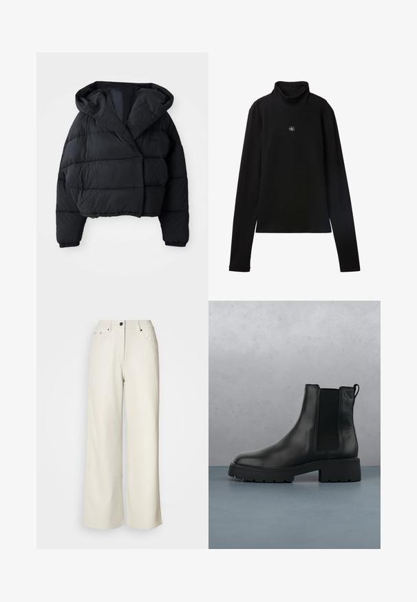 Sort pufferjakke med cropped design, der har hætte, quiltet tekstur og elastiske manchetter. Minimalistisk stil og letvægtsmateriale.; Sort ribstrikket bluse med lange ærmer og lille firkantet Calvin Klein-logo placeret centralt på brystet.; Cremefarvede bukser med brede ben lavet af glat stof. Har en mellemhøj talje, lynlås i gulvet og to frontlommer med sorte hardware accenter.; Sort læder Chelsea-boot med elastiske sidepaneler, tekstureret finish og en robust sål, placeret over brune træfliser med småsten.