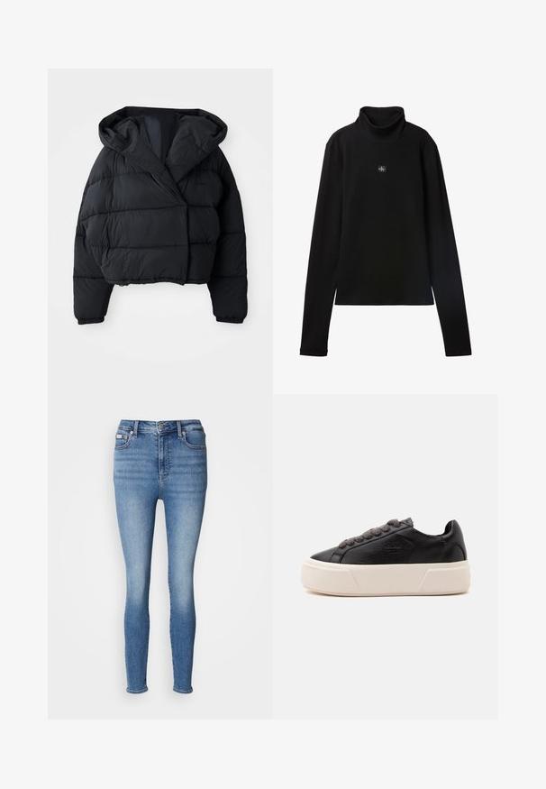 Sort pufferjakke med cropped design, der har hætte, quiltet tekstur og elastiske manchetter. Minimalistisk stil og letvægtsmateriale.; Sort ribstrikket bluse med lange ærmer og lille firkantet Calvin Klein-logo placeret centralt på brystet.; Slanke jeans i lyseblå denim med høj talje, klassisk fem-lomme-design og subtil fading med sømdetaljer.; Sort læder lavtop sneaker med tyk hvid platformsål og mørkegrå snørebånd, sidevisning på ensfarvet lys baggrund.