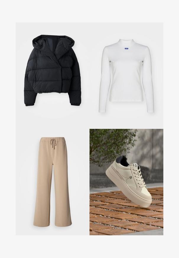 Schwarze Pufferjacke mit einem taillierten Design, ausgestattet mit einer Kapuze, gestepptem Material und elastischen Bündchen. Minimalistischer Stil und leichtes Material.; Weißes langärmliges Rollkragenshirt aus dehnbarem Material mit taillierter Passform und kleinem blauen Logo auf der Brust.; Beige Hosen mit weitem Bein, elastischem Bund und Kordelzug. Hergestellt aus weichem Stoff mit glatter Textur, versehen mit einem abgesteppten Saum.; Beiger und schwarzer Low-Top-Sneaker mit dicker Sohle und Schnürsenkeln, gebrandet mit "HUGO", schwebt über einem holz- und steinmusterartigen Boden im Freien.
