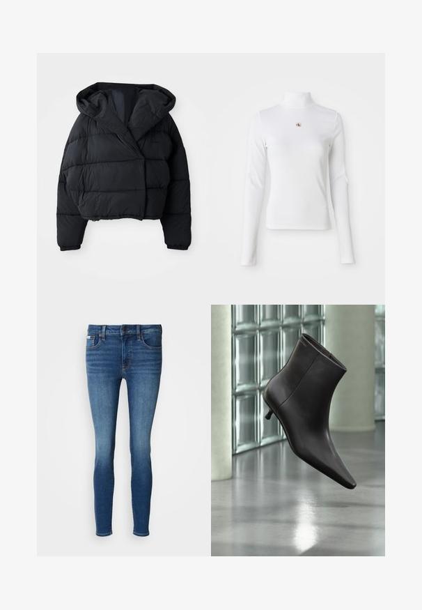Zwarte gewatteerde jas met een cropped ontwerp, voorzien van een capuchon, een gewatteerde textuur en elastische cuffs. Minimalistische stijl en lichtgewicht materiaal.; Witte turtleneck met lange mouwen, gemaakt van ribbelstof. Bevat een klein geborduurd logo in het midden. Aansluitend ontwerp zonder patronen.; Slim-fit spijkerbroek in donkerblauw, met een klassieke vijf-pocket ontwerp, riemlussen en een knoopsluiting aan de voorkant. Gemiddeld gewassen met subtiele vervaging.; Zwarte leren enkellaars met puntige neus en lage hak, afgebeeld tegen een glazen blokkenmuur en gepolijste vloer op de achtergrond.