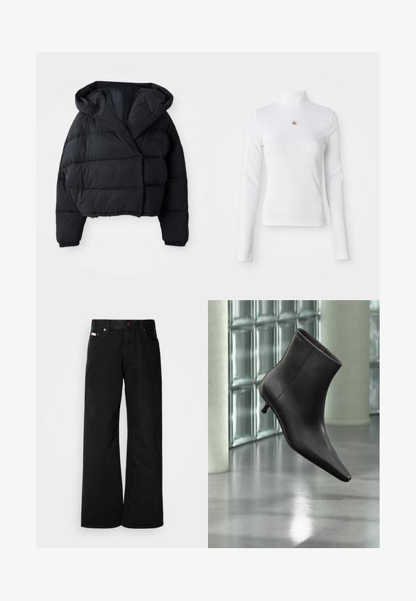 Sort pufferjakke med cropped design, der har hætte, quiltet tekstur og elastiske manchetter. Minimalistisk stil og letvægtsmateriale.; Langærmet, hvid turtleneck-top lavet af ribbet materiale. Har et lille broderet logo i midten. Tæt pasform uden mønstre.; Sorte breddebenede jeans lavet af bomuld. Har forlommer, en knaplukning og en klassisk denimtekstur. Minimalistisk design uden mønstre.; Sort læderankelstøvle med spids tå og lille hæl vist mod en væg af glasblokke og poleret gulv baggrund.