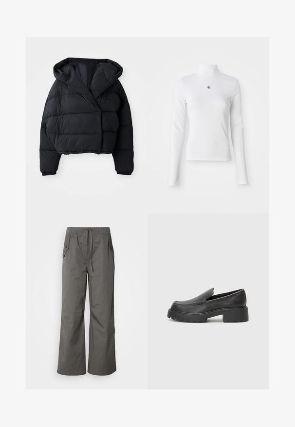 Sort pufferjakke med cropped design, der har hætte, quiltet tekstur og elastiske manchetter. Minimalistisk stil og letvægtsmateriale.; Langærmet, hvid turtleneck-top lavet af ribbet materiale. Har et lille broderet logo i midten. Tæt pasform uden mønstre.; Grå vide benbukser lavet af letvægtsstof, der har elastisk talje, snor og to sidelommer med knap-accenter.; Sorte læder loafers med rund tå, tyk tekstureret sål og minimale syninger. Elegant design uden synlige snørebånd eller hardware.