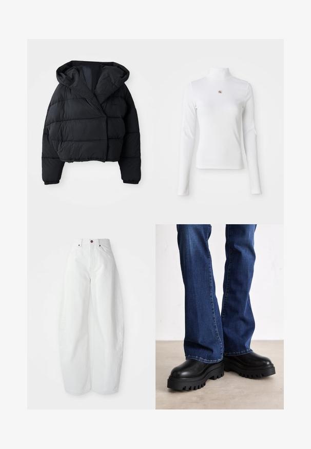 Zwarte gewatteerde jas met een cropped ontwerp, voorzien van een capuchon, een gewatteerde textuur en elastische cuffs. Minimalistische stijl en lichtgewicht materiaal.; Witte turtleneck met lange mouwen, gemaakt van ribbelstof. Bevat een klein geborduurd logo in het midden. Aansluitend ontwerp zonder patronen.; Hoge taille witte spijkerbroek met een losse pasvorm. Voorzien van een knoopsluiting, zijzakken en een minimalistisch ontwerp. Glad textuur.; Chunky zwarte platformlaarzen met gestructureerde rubberen zolen, een ronde neus en een glad leren bovenwerk, gecombineerd met blauwe flared jeans.
