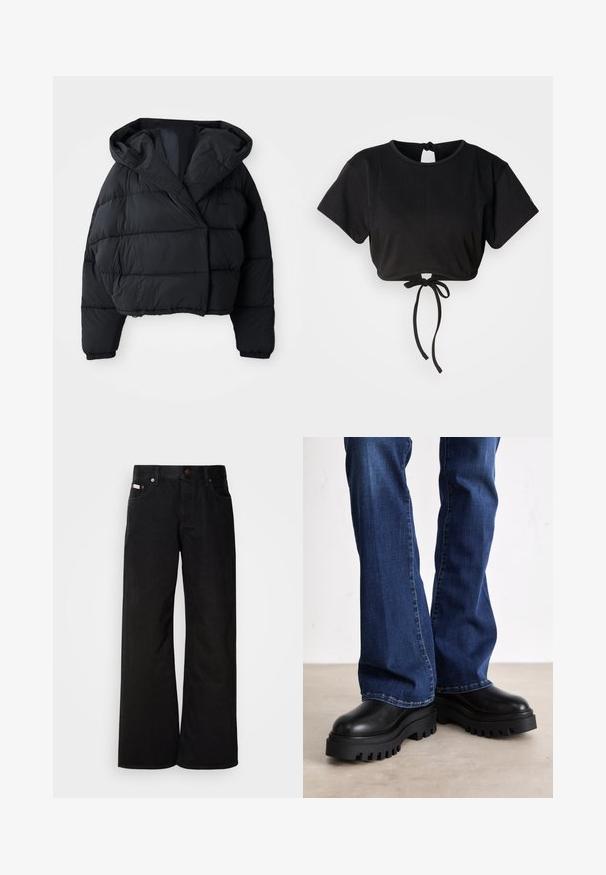 Zwarte gewatteerde jas met een cropped ontwerp, voorzien van een capuchon, een gewatteerde textuur en elastische cuffs. Minimalistische stijl en lichtgewicht materiaal.; Zwarte cropped t-shirt gemaakt van zachte stof, met korte mouwen, een ronde halslijn en een strikdetail op de rug voor aanpassing.; Zwarte wijde spijkerbroek van katoen. Voorzien van zijzakken, een knoopsluiting en een klassieke denimtextuur. Minimalistisch ontwerp zonder patronen.; Chunky zwarte platformlaarzen met gestructureerde rubberen zolen, een ronde neus en een glad leren bovenwerk, gecombineerd met blauwe flared jeans.