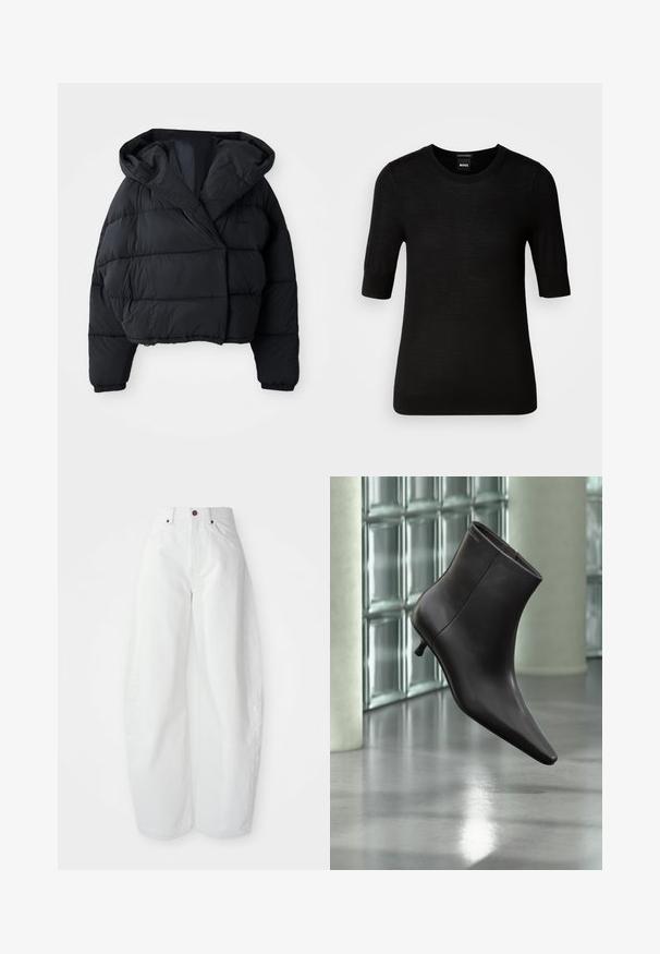 Sort pufferjakke med cropped design, der har hætte, quiltet tekstur og elastiske manchetter. Minimalistisk stil og letvægtsmateriale.; Sort T-shirt med korte ærmer lavet af fin merinould. Rund halsudskæring, slim fit, glat tekstur, minimalt design, ingen synlige mønstre eller accenter.; Højtaljede hvide denimbukser med løs pasform. Har en knaplukning, sidelommer og et minimalistisk design. Glat tekstur.; Sort læderankelstøvle med spids tå og lille hæl vist mod en væg af glasblokke og poleret gulv baggrund.
