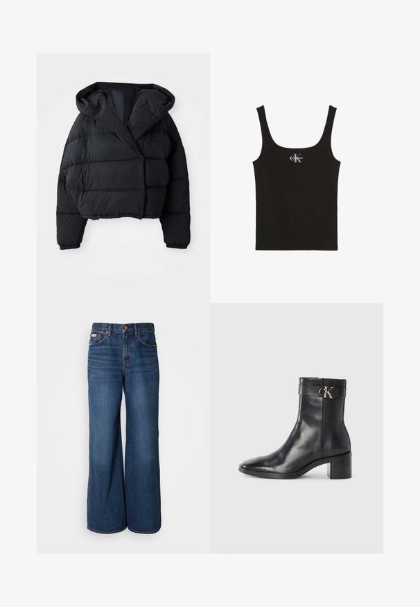 Sort pufferjakke med cropped design, der har hætte, quiltet tekstur og elastiske manchetter. Minimalistisk stil og letvægtsmateriale.; Sort ribbet tanktop med brede stropper og Calvin Klein-logo i hvid på brystets midte, sat mod en hvid baggrund.; Bredde jeans lavet af mørkeblåt denim. Funktioner inkluderer en høj talje, fem lommer og kontrasterende orange syninger langs sømmene.; Sort læder ankelstøvle med spids tå, blokhæl og en rem med en metallisk logo detalje. Glat tekstur og minimalistisk design.