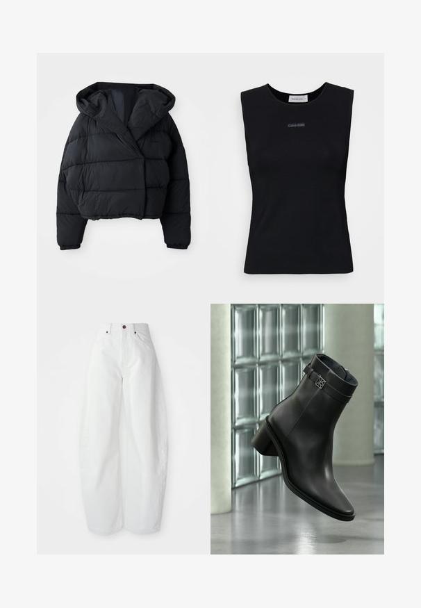 Zwarte gewatteerde jas met een cropped ontwerp, voorzien van een capuchon, een gewatteerde textuur en elastische cuffs. Minimalistische stijl en lichtgewicht materiaal.; Zwart mouwloos topje gemaakt van gladde stof. Heeft een ronde halslijn en een klein Calvin Klein-logo in het midden. Eenvoudig en aansluitend ontwerp.; Hoge taille witte spijkerbroek met een losse pasvorm. Voorzien van een knoopsluiting, zijzakken en een minimalistisch ontwerp. Glad textuur.; Zwarte leren enkellaars met een lage blokhak en een decoratief riempje, getoond in een moderne, minimalistische binnenomgeving.