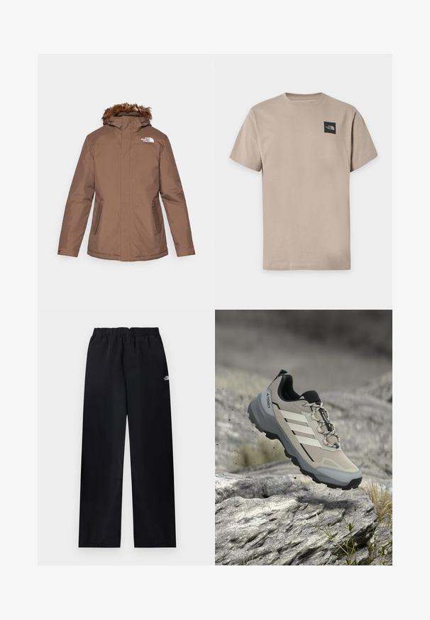 Bruine geïsoleerde jas met een afneembare nepbontkap, rits aan de voorkant, dubbele zijzakken en een wit logo op de linkerkant van de borst.; Beige T-shirt met korte mouwen en ronde hals met klein zwart The North Face-logo op de linker bovenkant van de borst.; Zwarte broek met rechte pijpen en elastische taille, met een klein wit logo op de bovenste rechterdij, plat uitgestald op een lichte achtergrond.; Lichtgrijze en zwarte Adidas Terrex wandelschoen zwevend in de lucht boven rotsachtig terrein met kleine planten in een buitenomgeving.