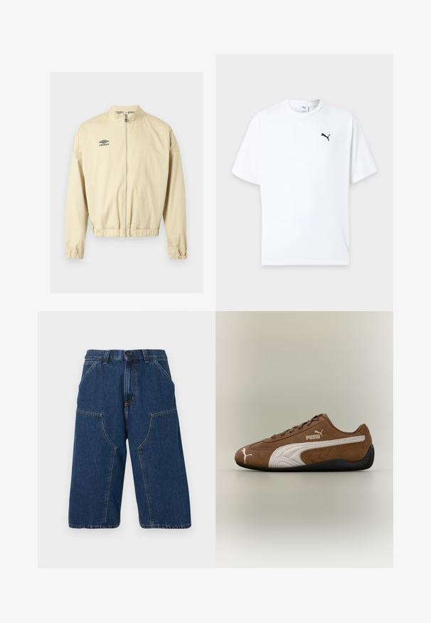 Veste beige avec fermeture éclair, col montant, poignets et ourlet élastiques, arborant un petit logo noir Umbro sur la poitrine gauche.; T-shirt blanc à manches courtes col rond avec un petit logo Puma noir sur la poitrine gauche sur un fond clair.; Shorts en denim bleu foncé à jambes larges avec poches avant, passants pour ceinture et fermeture par bouton.; Baskets en daim marron avec des accents blancs et un design texturé. Elles disposent d'une semelle en caoutchouc noire et d'un logo Puma proéminent sur le côté.