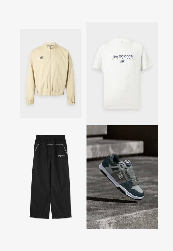 Veste beige avec fermeture éclair, col montant, poignets et ourlet élastiques, arborant un petit logo noir Umbro sur la poitrine gauche.; T-shirt blanc à manches courtes avec col rond, imprimé au centre devant du texte "new balance ATHLETICS" et du logo "NB" en bleu foncé.; Pantalons de sport noirs avec une taille élastique et un passepoil gris le long des poches. Présente un logo blanc sur le côté gauche.; Chaussure de skate DC grise et vert foncé avec semelle blanche et logo, suspendue au-dessus de marches en béton dans un environnement extérieur.