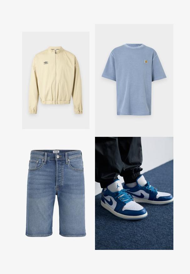 Veste beige avec fermeture éclair, col montant, poignets et ourlet élastiques, arborant un petit logo noir Umbro sur la poitrine gauche.; T-shirt bleu clair à manches courtes avec un motif côtelé texturé et un patch logo brodé sur la poitrine gauche. Encolure ronde.; Short en denim bleu à cinq poches, passants pour ceinture, bouton et fermeture éclair devant, coutures visibles et coupe longueur genou, vu de face.; Les baskets Nike Air Jordan présentent une base en cuir blanc avec des accents en synthétique bleu, une boîte à orteils perforée et des lacets bleus.