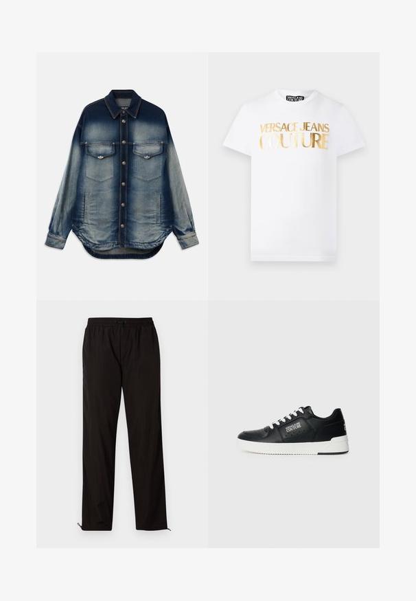 Denimjakke med en gradient blå farve, to brystlomme, sølvknapper, lange ærmer og buet kantdesign.; Hvid kortærmet T-shirt med gyldent metallisk "Versace Jeans Couture" tekst på fronten og rund halsudskæring.; Sorte letvægtsbukser med elastisk talje, snørrelseslukning og lynlåse i kanten for justerbar pasform. Glat, elegant tekstur.; Sorte lædersneakers med hvid sål, med et logo på siden, rund tå og perforeret design for åndbarhed. Hvide snørebånd.