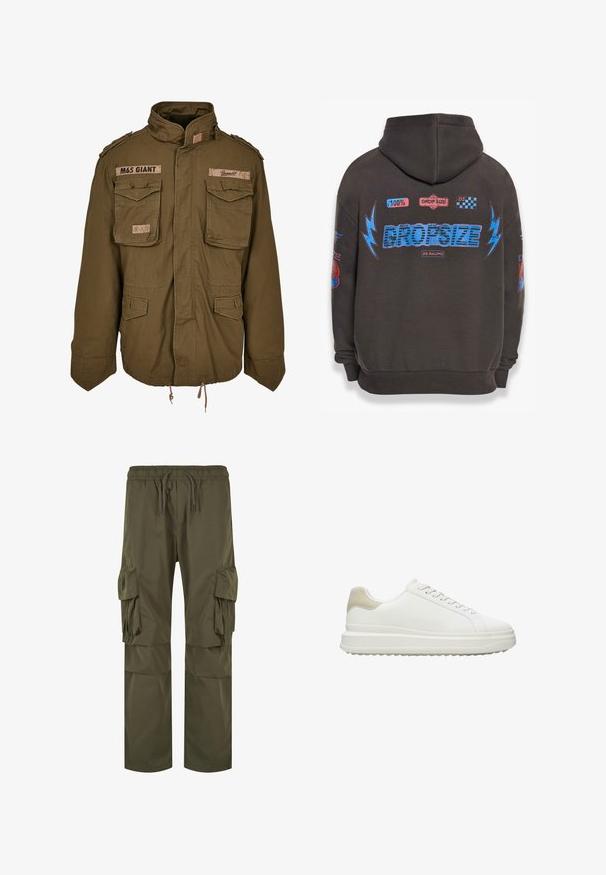 Veste M65 vert olive avec col montant, deux poches poitrine, cordon de serrage à la taille et patchs cousus sur les épaules.; Sweat à capuche gris foncé avec un grand texte bleu "DROPSIZE" et des graphiques colorés. Comprend une capuche, des poignets côtelés et divers patchs imprimés.; Pantalon cargo en vert olive, avec une taille élastique à cordon de serrage, de multiples poches latérales et une coupe ample avec des détails plissés.; Baskets blanches en cuir lisse avec un accent beige texturé au talon, dotées de lacets ronds, d'un design profil bas et d'une semelle extérieure en caoutchouc.