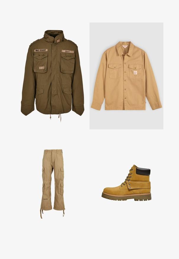 Olijfgroene M65-jack met een staande kraag, twee borstzakken, een verstelbare taille met trekkoord en geborduurde patches op de schouders.; Tan button-up shirt met lange mouwen, twee borstzakken en een klein label. Gemaakt van katoen met een gladde textuur en een klassiek kraagontwerp.; Khaki cargobroek met meerdere zijzakken, trekkoorden bij de boorden en een losse pasvorm. Gemaakt van duurzame stof met een soepele textuur.; Lichtbruine werklaars met zwart gewatteerde kraag, vetersluiting aan de voorkant, omslaande flap met metalen oogjes en dikke rubberen profielzool.