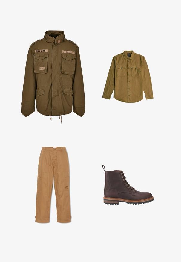 Olijfgroene M65-jack met een staande kraag, twee borstzakken, een verstelbare taille met trekkoord en geborduurde patches op de schouders.; Bruine slim fit overhemden met lange mouwen en een knoopsluiting aan de voorkant, twee klepzakken op de borst en een klein merkembleem op de linkerzak.; Khaki werkbroek, gemaakt van duurzaam materiaal, heeft meerdere zakken, een knoopsluiting en een geborduurd logo op de dij.; Bruine leren veterschoenen tot boven de enkel met een gestructureerde afwerking, contrasterende beige zolen en metalen veteroogjes. Voorzien van een trekkoordje voor gemakkelijk aan- en uittrekken.