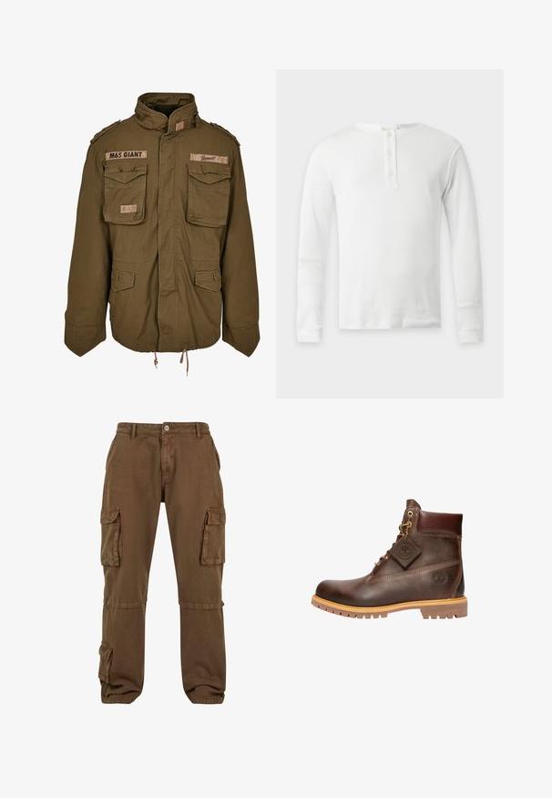 Olijfgroene M65-jack met een staande kraag, twee borstzakken, een verstelbare taille met trekkoord en geborduurde patches op de schouders.; Wit thermal shirt met lange mouwen, ronde hals en drieknopenbies, plat weergegeven op een lichte achtergrond.; Bruine cargobroek heeft een losse pasvorm, meerdere zijzakken en een duurzame stof met een subtiele textuur. Sluit met een knoop en rits.; Bruine leren enkelboot met een ronde neus, stevige zool, hardware in goudkleur en een gestructureerde bovenkant. Inclusief een merklabel dat is bevestigd.