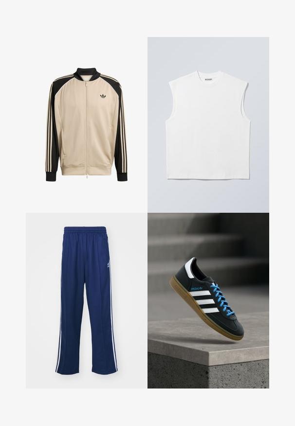 Beige sportjakke med meshstruktur, sorte detaljer og tre sorte striber på ærmerne. Har lynlåslukning og en sort krave.; Hvid ærmeløs bomulds top med rund hals og markerede skulderpartier, mærket "WEEKDAY" på halsmærket, vist på lys grå baggrund.; Marineblå sportbukser med en afslappet pasform, udstyret med hvide sidestativer og elastisk talje. Glat stof, ingen synlige mønstre eller hardware.; Sort Adidas sneaker med hvide striber, blå snørebånd og gummisål, der svæver over gråt betontrin i blødt lys.