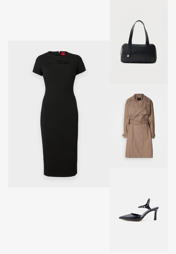 MARCIANO BY GUESS CHRISTINA - Trenchcoat - taupe; Sort tætsiddende kjole med korte ærmer, med en åbning under udskæringen og en skjult lynlås på ryggen. Fremstillet af strækbart stof.; Sort spids højhælet sko med tynd ankelrem og sølvspænde, glat læderfinish, elegant damesko.; Sort rektangulær læderhåndtaske med to lange håndtag og et lille gyldent logo på den forreste rem, sat mod en ensfarvet baggrund.